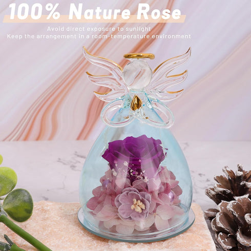 ANLUNOB Preserved Rose Gifts for Women, Mom, Grandma, Wife, Glass Angel Figurines with Pretty Purple Flowers for