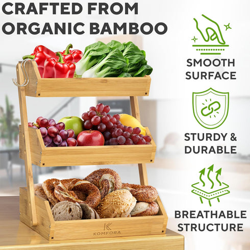 Bamboo Fruit Basket 3-Tier - Premium Produce Basket for Kitchen with 2 Hangers, Durable & Easy to Assemble Fruit Stand