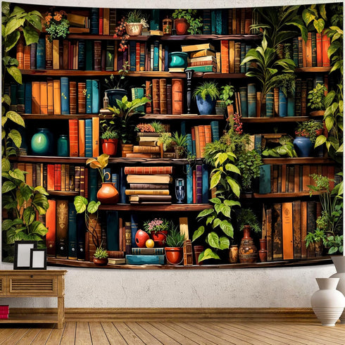 Accnicc Botanical Bookshelf Tapestry Lush Green Plant Book Shelf Tapestries Wall Hanging Art