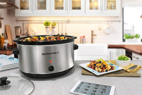 Elite Gourmet Stainless Steel Slow Cooker, 8.5 Quart, Dishwasher-Safe with Tempered Glass Lid
