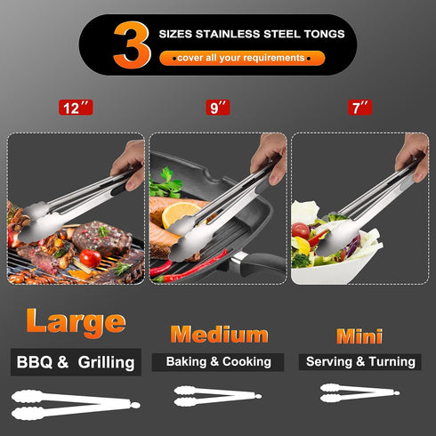 Anaeat Stainless Steel Locking Tong Set of 3 - Premium Kitchen Food Tongs with Non-Slip Silicone Tips for Cooking,