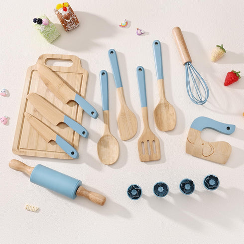 Set Sets Wooden Kids Safe Knife and Kids Baking for Real Cooking, Toddler Montessori Kitchen Tools, Cooking and Baking