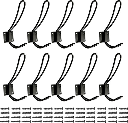 Rustic Entryway Hooks, 10 Pack Black Wall Mounted Vintage Double Coat Hangers with Large Metal Screws