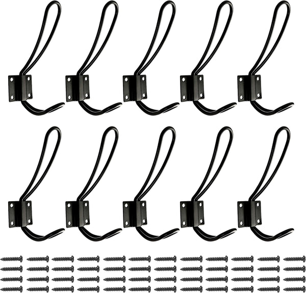 Rustic Entryway Hooks, 10 Pack Black Wall Mounted Vintage Double Coat Hangers with Large Metal Screws