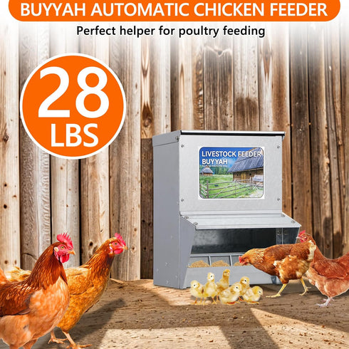 28 lbs Automatic Chicken Feeder, Capacity, Galvanized Metal Poultry Feeder, Waterproof Chicken Feeder, Suitable