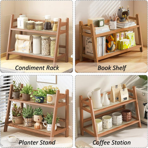 FYRLFB 2-Tier Counter Countertop, Household Cup Shelf Organizer, Kitchen Shelf for Tea Coffee Bar Accessories, Bamboo