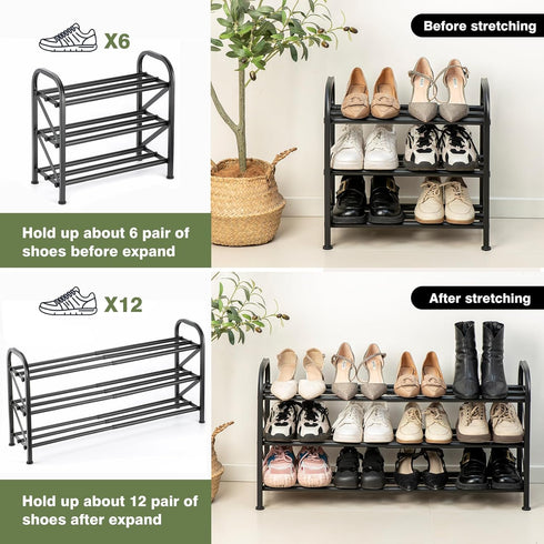 3-Tier Closet, 16"-32" Closet Shoe Rack for Expandable ShoeRackAdjustable for Entryway Doorway SturdyMetal, Black
