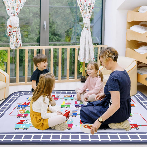 5x7Ft, 5'x7') HiiARug Playroom Rug, Train and Road Kids Play Mat Non-Slip ABC Rug Educational Washable Rugs