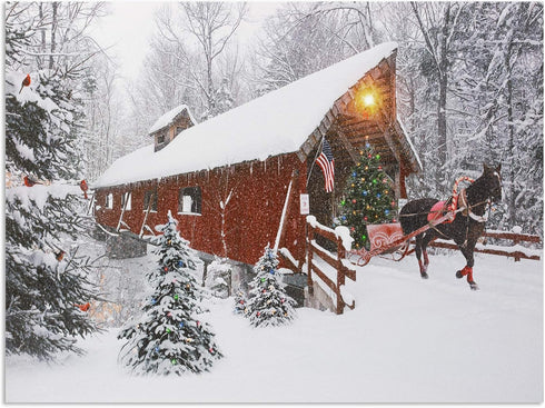 BANBERRY DESIGNS Lighted Christmas Wall Art, LED Red Covered Bridge Canvas Print, Farmhouse Style Decor