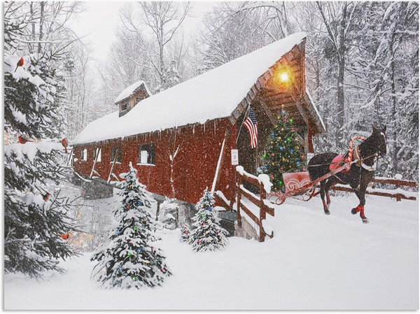 BANBERRY DESIGNS Lighted Christmas Wall Art, LED Red Covered Bridge Canvas Print, Farmhouse Style Decor