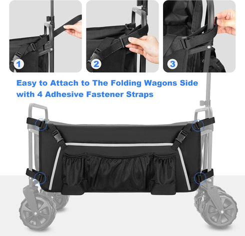 Collapsible Wagon Side Pocket with Reflective Strip, Folding Wagon Cart Storage Bag with Mesh Pouch for Umbrella