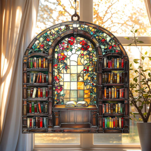 Floral Bookshelf Acrylic Suncatcher, Bookish Suncatchers for Window Hanging Ornament, Art Garden