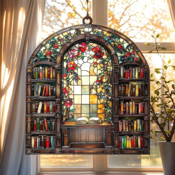 Floral Bookshelf Acrylic Suncatcher, Bookish Suncatchers for Window Hanging Ornament, Art Garden