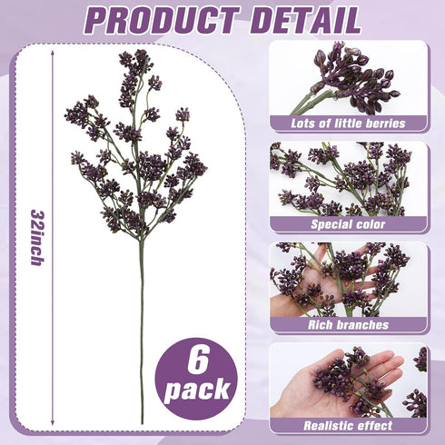Thiccywoov 6 (32 Inch) Pcs Plum Faux Berry Stems Artificial Dusty Sedum Berry Stems Picks Branches Faux Spray for DIY