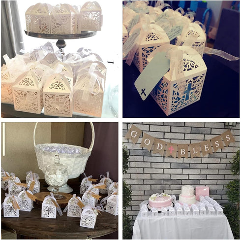 VIVIQUEN Baptism Favor Boxes, Laser Cut Cross Favor Boxes with 50 Ribbons for Baby Shower and Wedding Party Decorations