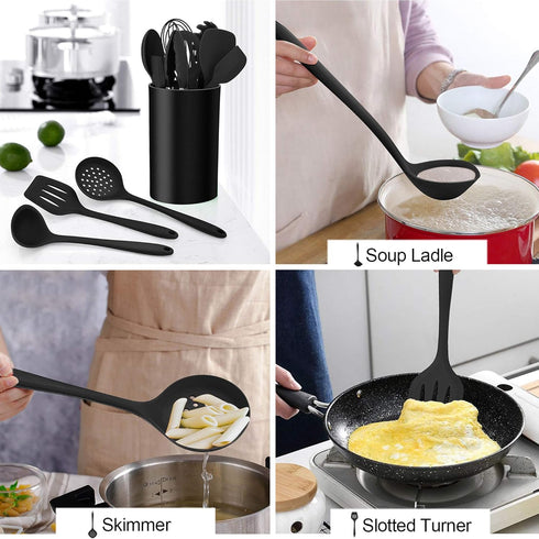 LIANYU 12-Piece Black Silicone Kitchen Cooking Utensils Set with Holder, Includes Slotted Spatula, Spoon Turner, Ladle,