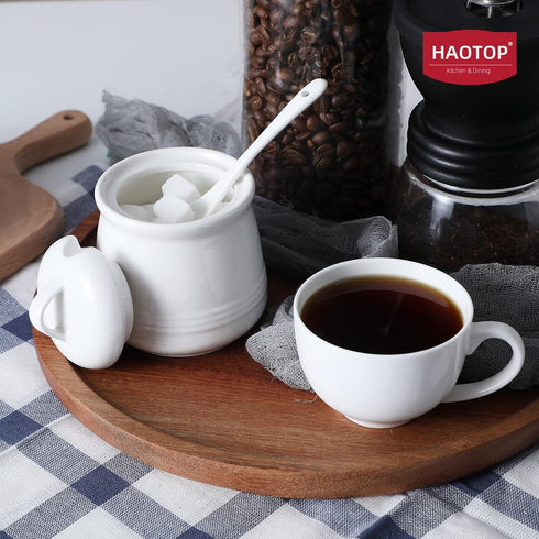 HAOTOP Porcelain Sugar Bowl, Ceramic Salt Bowl with Spoon and Lid, 12 Ounces White