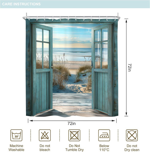 Riyidecor Blue Beach Barn Door Shower Curtain, Ocean Coastal Rustic Scenery, 72Wx72H Inch, Polyester Waterproof with 12
