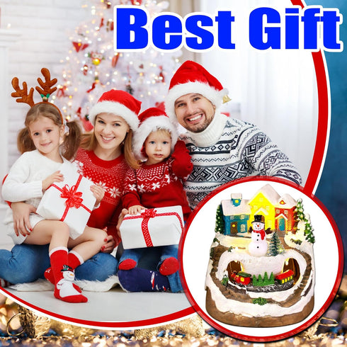 Musical Christmas Village Houses with LED Light & Rotating Train, Ornaments Centerpiece Decor with USB and Battery