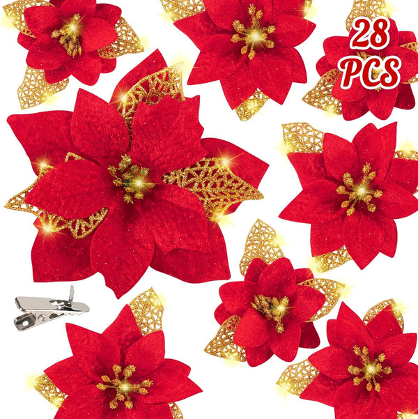 Geefuun 28PCS Christmas Tree Decorations: Red Glitter Poinsettias Artificial Flowers Ornaments with Clips, 3 Sizes