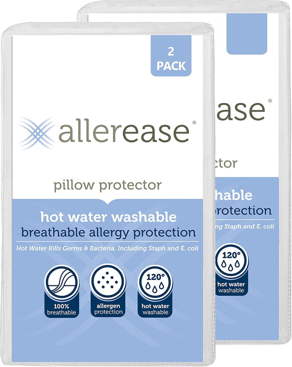 AllerEase Hot Water Wash Breathable Pillow Protector, Standard/Queen Size, 2 Pack, White