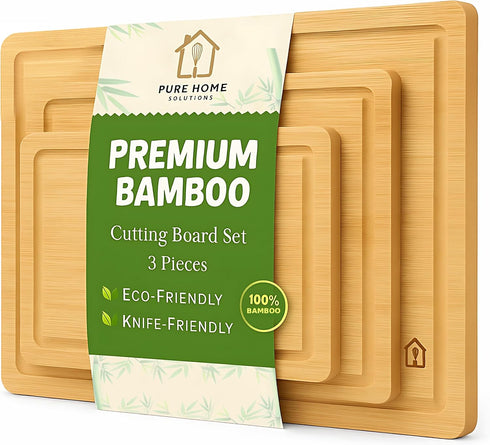 Pure Home Solutions Bamboo Cutting Board Set, Durable Wood Cutting Boards for Kitchen with Deep