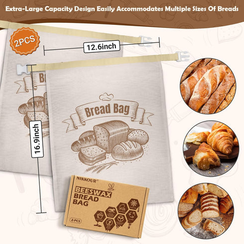 NIKKOUR (2 Pack) 2) Cotton Beeswax Bread Bag Reusable Double-Lock Freezer Safe for Homemade Sourdough Bread Food