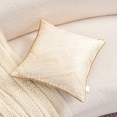 Avigers 18 x 18 Inch Square Beige Gold Abstract Striped Embroidery Cushion Case - Luxury Decorative Pillow Cover