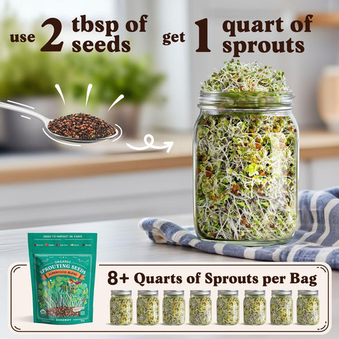 8 oz 8 32 Seedboy Organic Non-GMO Sprouting Seeds, Superfood Blend - USA Grown Microgreens Mix with Broccoli, Radish