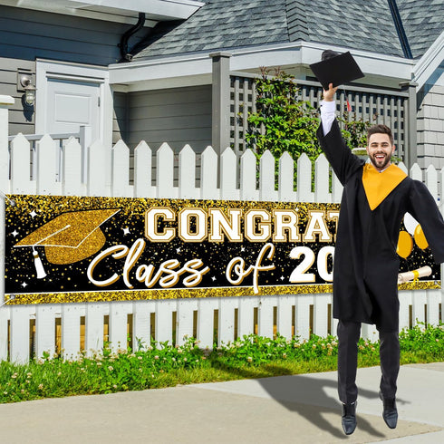 2025 Graduation Decorations - Gold Class of 2025 Banner and Yard Signs for Graduate Party Supplies