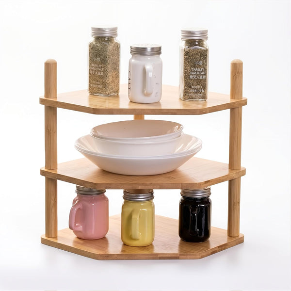3 Tier Expandable Bamboo Corner Shelf - Dish/Plate Organizer for Cabinet, Kitchen