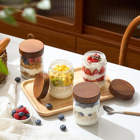 16 oz 6 Pack,Mason 16 oz 100% Danmu Overnight Oats Containers with Lids,Salad Jar,Glass Jar with Wooden Lid Jars