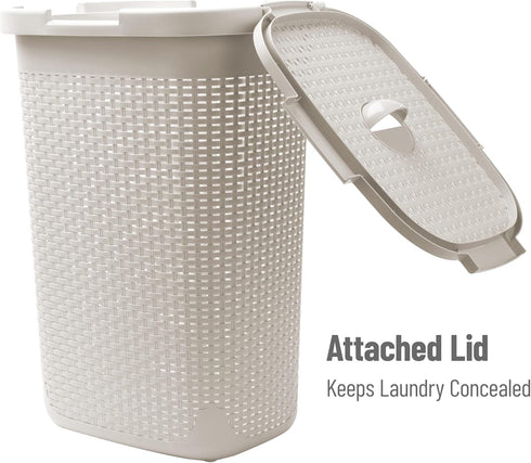 Mind Reader Slim Laundry Hamper with Lid, 60L Wicker Design, 17.65"L x 13.75"W x 24.15"H, Ivory