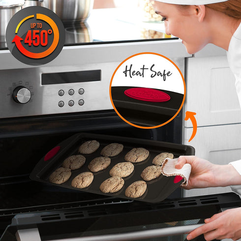NutriChef 3-Piece Baking Pan Set, Premium Nonstick Carbon Steel Bakeware with Silicone Handles