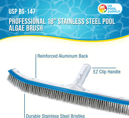 18" U.S. Pool Supply Pool Brush Head for Inground Pools - Stainless Steel Pool Brush, Metal Wire Bristles, Scrubbing