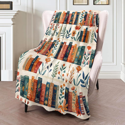 ICAAV 50x60in,Cozy Book and Flower Flannel Blanket Throw with Colorful Bookshelf and Floral Pattern on Cream,Soft