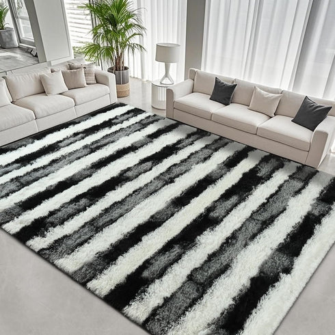 5x7 Black and White Fluffy Soft Plush Striped Area Rugs for Bedroom, Indoor Non Slip Washable Rug for Living Room