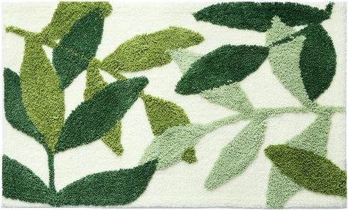 Green Leaves Bath Mats - Non-Slip Soft Microfiber Absorbent Doormat, Boho Carpet for Bathroom Floor