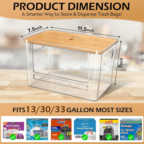 13/30/33-Gallon (11.5"x7.5"x7" inches) Stackable Trash Bag Dispenser with Wooden Top for Holding Large Bag Sizes