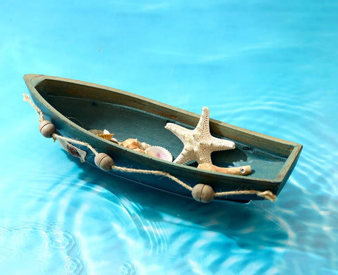 Konjouror 2 Pack Wooden Boat Tray Display, Blue Boat Model Decoration, Nautical Beach Ocean Decor