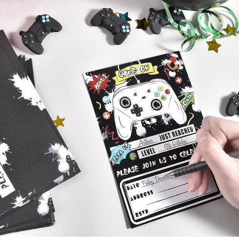 WERNNSAI Watercolor Video Game Party Invites - 20 Set Fill-in Invitations with Envelopes for Boys Birthday