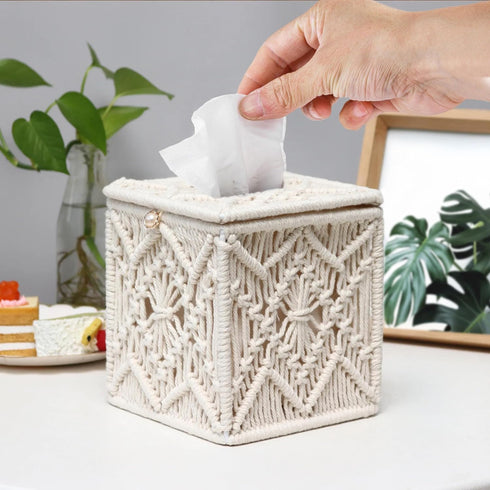 Tissue Box Cover Square Woven Macrame, Boho Decor Tissues Holder with Bead Buckle for Home, Bathroom, Office