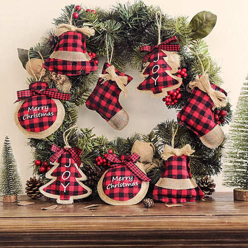 Ivenf Christmas Decorations Indoor Tree Ornaments - 8pcs Red Black Buffalo Plaid Burlap Farmhouse Ornaments for Home