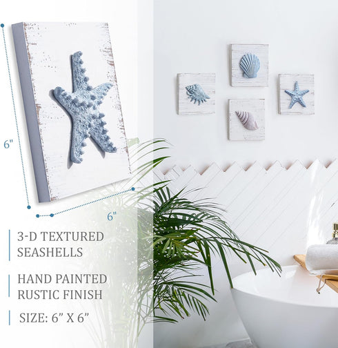 TideAndTales Beach Decor Seashell Wall Art - Set of 4 Textured 3D Shells and Starfish Decorations for Coastal Bedroom