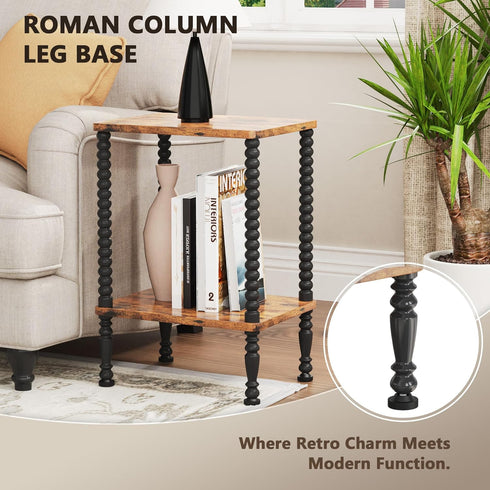 2-Tier Side Table, Wood End Table, Vintage Bedside Nightstand with Open Storage Shelf for Living Room, Bedroom, Office