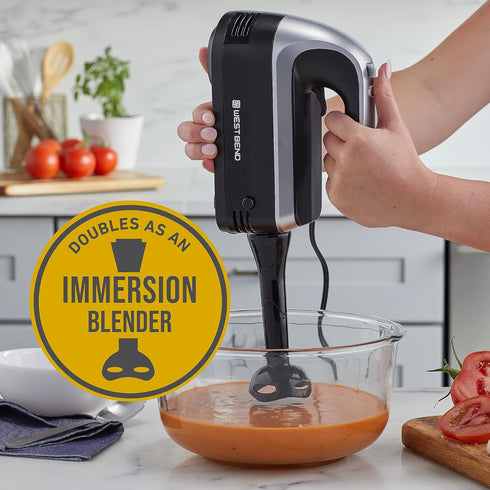 West Bend Hand Mixer Plus with Immersion Blender Attachment, 250-Watts, 6 Speed Options, Ergonomic Handle, Snap-On