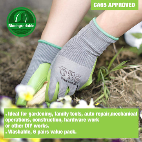 WORKPRO 6 Pairs Garden Gloves, Eco Latex Palm Coated Working Gloves for Weeding, Digging, Raking
