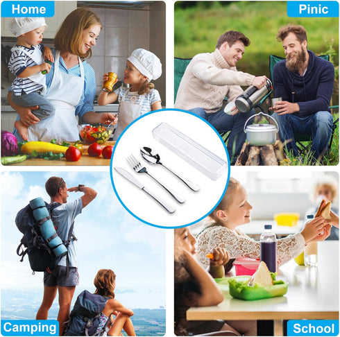 4PCS Premium Travel Utensils Set with Case, Stainless Steel Portable Cutlery Set for Lunch Box (Silver)