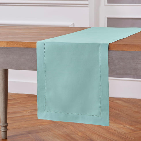 Solino Home Pastel Turquoise Table Runner 60 Inches Long – Cotton Linen Hemstitch, Machine Washable