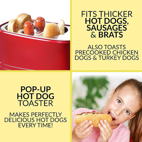 Nostalgia Adjustable Retro Pop Up Hot Dog Toaster - Fits 2 Regular or Extra Plump Hot Dogs and 2 Buns, Red